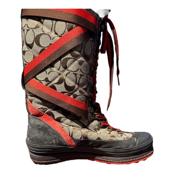 Coach Marian Lace Up Insulated Boots Sz 9.5 Signature Logo Brown & Red Mid Calf - Picture 4 of 7